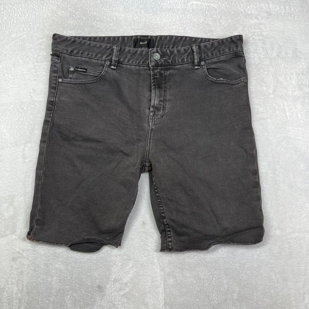 Obey Denim Shorts Men's Faded Gray Stretch Raw Hem Pockets Zip Fly Size 36